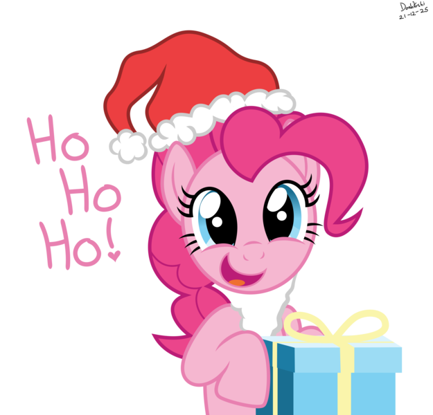 Size: 3000x2880 | Tagged: safe, artist:dashyoshi, derpibooru import, pinkie pie, earth pony, pony, christmas, clothes, costume, dialogue, fake beard, hat, ho ho ho, holiday, image, looking at you, open mouth, open smile, png, present, santa claus, santa costume, santa hat, simple background, smiling, smiling at you, solo, transparent background, vector