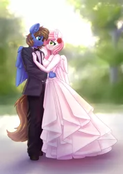 Size: 3508x4962 | Tagged: safe, artist:dandy, derpibooru import, oc, oc:bizarre song, oc:sugar morning, unofficial characters only, anthro, pegasus, unguligrade anthro, blushing, bowtie, clothes, commission, dress, duo, flower, flower in hair, high res, image, looking into each others eyes, marriage, png, suit, wedding, wedding dress, wings