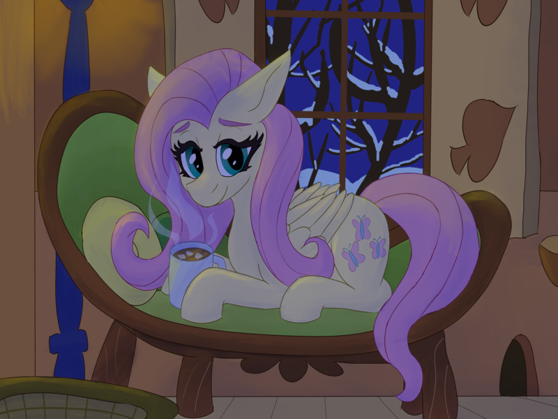 Size: 3991x2993 | Tagged: safe, artist:sufficient, derpibooru import, fluttershy, pegasus, pony, background, chocolate, comfy, couch, fluttershy's cottage, food, hot chocolate, image, indoors, lamp, night, png, secret santa, sitting, snow, solo, winter