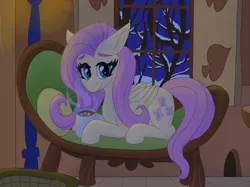 Size: 3991x2993 | Tagged: safe, artist:sufficient, derpibooru import, fluttershy, pegasus, pony, background, chocolate, comfy, couch, fluttershy's cottage, food, hot chocolate, image, indoors, lamp, night, png, secret santa, sitting, snow, solo, winter