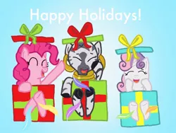 Size: 1024x768 | Tagged: safe, artist:princessdestiny200i, derpibooru import, pinkie pie, sweetie belle, zecora, earth pony, pony, unicorn, zebra, box, christmas, ear piercing, earring, eyes closed, feather, female, filly, foal, gift wrapped, grin, holiday, hoof tickling, image, jewelry, jpeg, laughing, mare, neck rings, open mouth, piercing, present, raisedhoof, smiling, tickle torture, tickling, trio