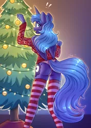Size: 2480x3508 | Tagged: suggestive, artist:dandy, derpibooru import, princess luna, alicorn, anthro, ass, blushing, breasts, butt, christmas, christmas ornament, christmas sweater, christmas tree, clothes, decoration, female, high res, holiday, horn, image, looking at you, looking back, looking back at you, panties, png, s1 luna, socks, solo, solo female, startled, stockings, sweater, thigh highs, tree, underwear, wings