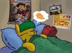 Size: 701x524 | Tagged: safe, artist:jargon scott, derpibooru import, oc, oc:blocky bits, unofficial characters only, earth pony, pony, bed, blanket, ear fluff, female, image, jpeg, lego, lying down, mare, on back, pillow, poster, sleeping, solo, thought bubble