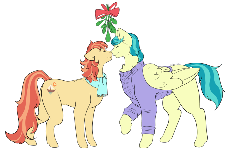 Size: 2166x1428 | Tagged: safe, artist:antoszowa, derpibooru import, aunt holiday, auntie lofty, earth pony, pegasus, canon couple, christmas, closed eye, clothes, female, holiday, image, kissing, lesbian, love, married couple, mistletoe, png, simple background, transparent background, two toned mane