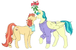 Size: 2166x1428 | Tagged: safe, artist:antoszowa, derpibooru import, aunt holiday, auntie lofty, earth pony, pegasus, canon couple, christmas, closed eye, clothes, female, holiday, image, kissing, lesbian, love, married couple, mistletoe, png, simple background, transparent background, two toned mane