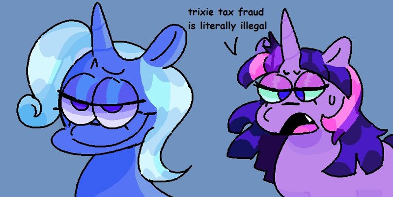 Size: 886x445 | Tagged: safe, artist:twigsyy, derpibooru import, trixie, twilight sparkle, pony, unicorn, comic sans, cute, cute little fangs, fangs, female, females only, horn, image, jpeg, simple background, text