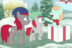 Size: 1500x1000 | Tagged: safe, artist:unsavorydom, ponybooru import, crimson skate, peach fuzz, train tracks (character), earth pony, pony, :o, box, christmas, clothes, colt, female, filly, foal, hat, hearth's warming, holiday, image, male, mare, open mouth, outdoors, png, pony in a box, present, raised hoof, raised leg, scarf, snow, surprised, winter