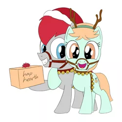 Size: 1800x1800 | Tagged: safe, artist:unsavorydom, ponybooru import, peach fuzz, train tracks (character), earth pony, pony, :d, antlers, christmas, colt, duo, female, filly, foal, gift giving, happy, harness, hat, hearth's warming, holiday, image, jingle bells, male, png, present, reindeer antlers, santa hat, simple background, tack, white background