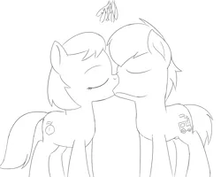 Size: 2500x2000 | Tagged: safe, artist:unsavorydom, ponybooru import, peach fuzz, train tracks (character), earth pony, pony, christmas, colt, duo, eyes closed, female, filly, foal, hearth's warming, holiday, image, kissing, lineart, male, mistletoe, monochrome, peachtrain, png, shipping, simple background, white background