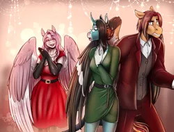 Size: 2240x1704 | Tagged: safe, artist:blackblood-queen, derpibooru import, oc, oc:annie belle, oc:april showers, oc:sunstreak quartz, unofficial characters only, anthro, dracony, dragon, hybrid, pegasus, unguligrade anthro, unicorn, anthro oc, clothes, digital art, dress, fangs, female, glasses, hair bun, horn, image, male, mother and child, mother and son, oc x oc, pegasus oc, png, shipping, smiling, story in the source, straight, unicorn oc, wings, worried
