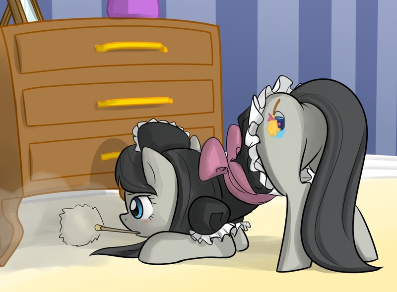 Size: 950x700 | Tagged: suggestive, artist:frankier77, edit, ponybooru import, shining armor, oc, oc:lowly servant, earth pony, pony, fanfic:maid to please, brainwashing, butt, cleaning, clothes, cropped, dresser, duster, face down ass up, female, image, jpeg, maid, mare, mind control, not octavia, permanent, plot, slave, solo, transformation, transgender transformation