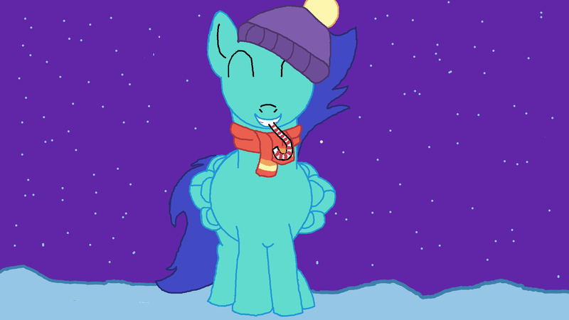 Size: 1920x1080 | Tagged: safe, artist:iloinen1, ponybooru import, oc, oc:azelfu, pegasus, pony, candy, candy cane, christmas, eyes closed, food, hat, holiday, image, male, night, png, smiling, snow, solo, stallion, tail, winter hat, winter scarf