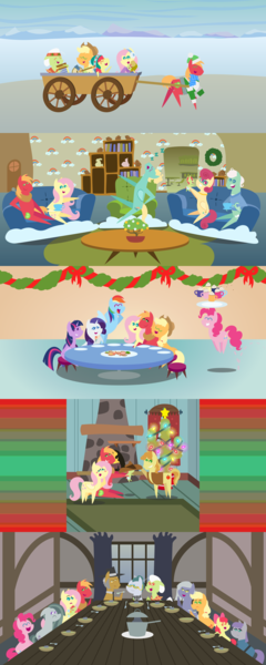 Size: 4320x10800 | Tagged: safe, anonymous artist, derpibooru import, apple bloom, applejack, big macintosh, braeburn, cloudy quartz, fluttershy, gentle breeze, granny smith, igneous rock pie, limestone pie, marble pie, maud pie, pinkie pie, posey shy, rainbow dash, rarity, twilight sparkle, twilight sparkle (alicorn), zephyr breeze, oc, oc:late riser, alicorn, earth pony, pegasus, pony, unicorn, series:fm holidays, series:hearth's warming advent calendar 2021, advent calendar, apple family, baby, baby bottle, baby pony, banjo, blush sticker, blushing, bonsai, cactus, cart, chocolate, christmas, christmas cookies, christmas lights, christmas ornament, clothes, colt, comic, cookie, cooking pot, couch, cowboy hat, cup, decoration, earmuffs, family, female, filly, fireplace, floppy ears, fluttermac, foal, food, garland, grandmother and grandchild, grandmother and grandson, great grandmother and great grandchild, hat, hatless, high res, holding a pony, holiday, hot chocolate, image, jacket, lineless, male, mane six, mare, missing accessory, mug, musical instrument, offspring, onomatopoeia, oversized clothes, oversized hat, parent:big macintosh, parent:fluttershy, parents:fluttermac, pie family, pie family home, png, pointy ponies, pronking, rock, rock soup, scarf, shipping, singing, sitting, sleeping, smiling, snow, sound effects, soup, sprinkles, stallion, straight, table, teacup, washboard, whipped cream, winter, winter clothes, wreath, zzz
