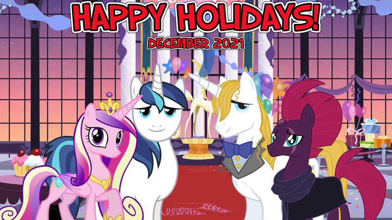 Size: 2064x1161 | Tagged: safe, anonymous artist, derpibooru import, prince blueblood, princess cadance, shining armor, tempest shadow, alicorn, pony, unicorn, 2021, berryblood, christmas, december, decoration, female, friendship, group photo, happy holidays, hearth's warming, holiday, husband and wife, image, invitation, it's beginning to look a lot like christmas, male, mare, party, png, shiningcadance, shipping, stallion, straight, youtube link in the description