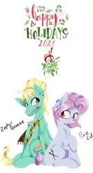 Size: 1114x2064 | Tagged: safe, artist:alazak, derpibooru import, edit, idw, pixie cut (idw), zephyr breeze, earth pony, pegasus, spoiler:comic74, 2021, christmas, december, happy holidays, hearth's warming, holiday, image, kiss mark, lipstick, looking at each other, lyrics in the description, mistletoe, pixiebreeze, png, smiling, smiling at each other, traditional art, white christmas, youtube link in the description, zephyrcut