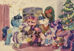 Size: 1280x876 | Tagged: safe, artist:the-wizard-of-art, derpibooru import, night light, princess cadance, princess flurry heart, shining armor, twilight sparkle, twilight sparkle (alicorn), twilight velvet, alicorn, pony, unicorn, christmas, christmas tree, christmas wreath, clothes, family, female, foal, hat, hearth's warming, holiday, image, jpeg, male, mare, stallion, sweater, traditional art, tree, watercolor painting, wreath