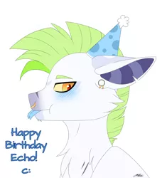 Size: 2000x2193 | Tagged: safe, artist:melodytheartpony, derpibooru import, oc, earth pony, :p, blushing, doodle, feral, fluffy, gift art, grumpy, happy birthday, hat, image, male, party hat, piercing, png, present, scar, signature, simple background, tongue out, white background