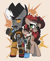 Size: 1492x1808 | Tagged: safe, artist:nekro-led, derpibooru import, oc, oc:choco mocca, oc:nekro led, unofficial characters only, earth pony, amputee, apex legends, armor, beard, cannon, clothes, cosplay, costume, cute, cutie mark, eyepatch, facial hair, freckles, fuse, gloves, image, lifeline, moustache, png, prosthetic limb, prosthetics, robotic legs, scar
