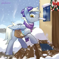 Size: 3000x3000 | Tagged: safe, artist:jedayskayvoker, derpibooru import, derpy hooves, pegasus, pony, beanie, christmas, christmas wreath, clothes, doormat, dopey hooves, facial hair, hat, high res, holiday, house, image, letter, mail, mailbag, mailpony, male, mouth hold, png, rule 63, scarf, smiling, snow, solo, stallion, stubble, winter, wreath