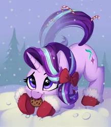 Size: 2026x2324 | Tagged: safe, artist:taneysha, derpibooru import, starlight glimmer, pony, unicorn, booties, candy, candy cane, cheek fluff, christmas, cookie, cute, ear fluff, face down ass up, female, food, glimmerbetes, high res, holiday, image, jpeg, mare, mouth hold, snow, snowfall, solo, winter