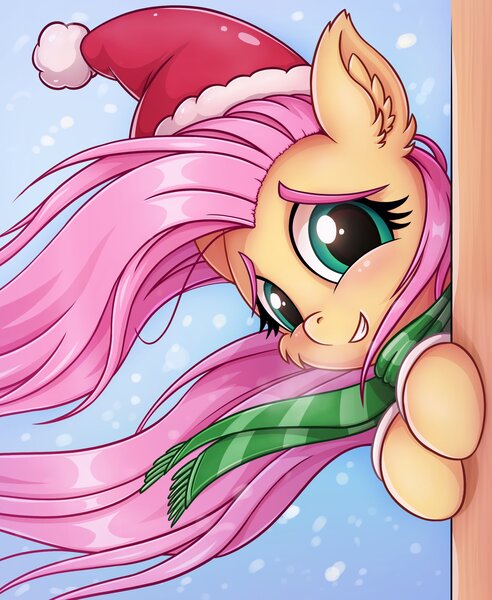 Size: 1962x2393 | Tagged: safe, artist:zeepheru_pone, derpibooru import, fluttershy, pony, cheek fluff, christmas, clothes, cute, ear fluff, hat, holiday, image, jpeg, looking at you, santa hat, scarf, shyabetes, smiling, snow, snowfall, solo