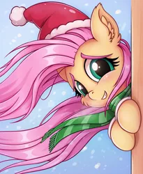 Size: 1962x2393 | Tagged: safe, artist:zeepheru_pone, derpibooru import, fluttershy, pony, cheek fluff, christmas, clothes, cute, ear fluff, hat, holiday, image, jpeg, looking at you, santa hat, scarf, shyabetes, smiling, snow, snowfall, solo