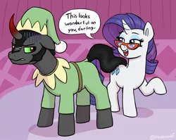 Size: 2196x1748 | Tagged: safe, artist:heretichesh, derpibooru import, king sombra, rarity, pony, unicorn, carousel boutique, christmas, clothes, costume, dialogue, duo, elf costume, female, floppy ears, glasses, hat, holiday, image, jpeg, male, mare, rarity's glasses, speech bubble, stallion, unamused