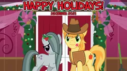 Size: 2064x1161 | Tagged: safe, anonymous artist, derpibooru import, braeburn, marble pie, earth pony, pony, 2021, barn, blushing, braeble, christmas, december, decoration, female, happy holidays, hearth's warming, holiday, image, kiss mark, lipstick, lyrics in the description, male, mare, mistletoe, png, shipping, smiling, stallion, straight, youtube link in the description