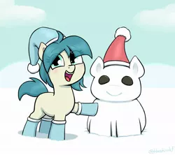 Size: 2145x1905 | Tagged: safe, artist:heretichesh, derpibooru import, oc, unofficial characters only, earth pony, pony, blushing, boots, christmas, clothes, cute, eye clipping through hair, female, filly, foal, hat, holiday, image, jpeg, ocbetes, open mouth, open smile, santa hat, shoes, smiling, snow, snowpony, solo