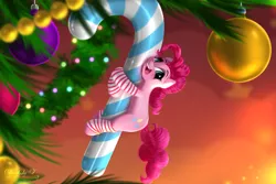 Size: 2625x1750 | Tagged: safe, artist:darksly, derpibooru import, pinkie pie, earth pony, pony, candy, candy cane, christmas, christmas tree, clothes, food, holiday, image, jpeg, open mouth, socks, striped socks, tiny, tiny ponies, tree