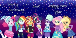 Size: 3380x1700 | Tagged: artist needed, source needed, safe, artist:liniitadash23, derpibooru import, applejack, fluttershy, pinkie pie, rainbow dash, rarity, sci-twi, sunset shimmer, twilight sparkle, human, equestria girls, equestria girls series, 2018, applejack's hat, bracelet, christmas, clothes, coat, cowboy hat, dress, earmuffs, glasses, gloves, happy holidays, happy new year, happy new year 2018, hat, headband, holiday, humane five, humane seven, humane six, image, jewelry, looking at each other, looking at someone, looking at you, merry christmas, mittens, multicolored hair, new year, new years eve, open mouth, pencil skirt, photo, png, ponytail, rah rah skirt, rarity peplum dress, scarf, skirt, smiling, smiling at you, snow, snowfall, sunglasses, winter, winter clothes, winter hat, winter outfit