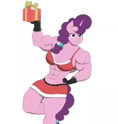 Size: 1951x2048 | Tagged: safe, artist:matchstickman, derpibooru import, sugar belle, anthro, unicorn, abs, biceps, breasts, busty sugar belle, christmas, christmas presents, clothes, deltoids, female, gloves, grin, hand on hip, holiday, image, implied big macintosh, looking at someone, midriff, muscles, muscular female, png, simple background, smiling, solo, sugar barbell, thighs, thunder thighs, white background
