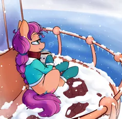 Size: 2000x1950 | Tagged: safe, artist:skoon, derpibooru import, sunny starscout, earth pony, pony, my little pony: a new generation, chocolate, clothes, food, g5, hot chocolate, image, jacket, png, snow, winter