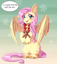 Size: 2038x2302 | Tagged: safe, artist:_ladybanshee_, derpibooru import, fluttershy, pegasus, pony, alternate hairstyle, blushing, braid, chest fluff, christmas, cute, ear fluff, holiday, hoof fluff, image, plushie, png, shyabetes, solo, teddy bear, wholesome