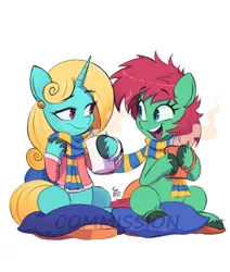 Size: 2480x2924 | Tagged: safe, artist:fanzeem, derpibooru import, oc, unofficial characters only, earth pony, pony, unicorn, chocolate, clothes, food, hot chocolate, image, jpeg, lidded eyes, pillow, scarf, shared clothing, shared scarf, smiling