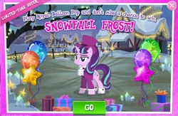 Size: 1042x680 | Tagged: safe, derpibooru import, official, snowfall frost, starlight glimmer, advertisement, balloon, gameloft, image, png