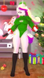 Size: 2160x3840 | Tagged: suggestive, artist:kevhon, derpibooru import, princess cadance, alicorn, anthro, human, 3d, boots, breasts, christmas, christmas lights, christmas tree, clothes, commission, eyeshadow, female, gloves, hat, high heel boots, holiday, image, leotard, looking at you, makeup, png, present, santa hat, shoes, solo, solo female, source filmmaker, television, tree, wings, ych result