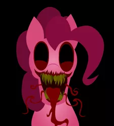 Size: 1101x1224 | Tagged: semi-grimdark, artist:isaac_pony, derpibooru import, pinkie pie, demon, earth pony, pony, black eye, creepy, creepy smile, creepypasta, female, image, laughing, mouth, open mouth, png, simple background, smiling, solo, teeth, tongue out, transparent background, vector