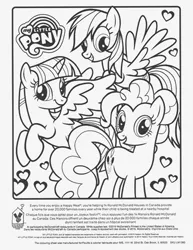 Size: 612x792 | Tagged: safe, derpibooru import, pinkie pie, rainbow dash, twilight sparkle, alicorn, black and white, coloring page, curly hair, curly mane, cutie mark, grayscale, heart, horn, image, jpeg, mcdonald's, monochrome, my little pony logo, printable, simple background, straight hair, straight mane, white background, wings