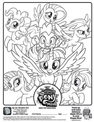 Size: 612x792 | Tagged: safe, derpibooru import, applejack, fluttershy, pinkie pie, rainbow dash, rarity, spike, twilight sparkle, alicorn, dragon, unicorn, my little pony: the movie, applejack's hat, coloring page, cowboy hat, curly hair, curly mane, happy meal, hat, horn, image, jpeg, mcdonald's, my little pony logo, printable, straight hair, straight mane, wings