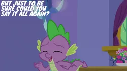 Size: 1280x720 | Tagged: safe, derpibooru import, edit, edited screencap, editor:quoterific, screencap, spike, dragon, dragon dropped, season 9, spoiler:s09, eyes closed, image, jpeg, male, open mouth, open smile, smiling, solo, twilight's castle, winged spike, wings