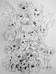 Size: 1625x2143 | Tagged: safe, artist:paipaishuaige, derpibooru import, applejack, fluttershy, hitch trailblazer, izzy moonbow, pinkie pie, pipp petals, princess celestia, princess luna, rainbow dash, rarity, spike, sunny starscout, twilight sparkle, twilight sparkle (alicorn), zipp storm, alicorn, dragon, earth pony, pegasus, pony, rabbit, unicorn, my little pony: a new generation, animal, chest fluff, christmas, christmas tree, clothes, female, g4 to g5, g5, holiday, image, jpeg, male, mane five (g5), mane seven, mane six, mare, monochrome, pen drawing, royal sisters, scarf, siblings, sisters, traditional art, tree