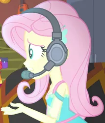 Size: 1920x2238 | Tagged: safe, derpibooru import, screencap, fluttershy, sunset shimmer, costume conundrum, equestria girls, equestria girls series, spoiler:eqg series (season 2), cropped, female, gamershy, geode of fauna, hairpin, headphones, image, jewelry, jpeg, magical geodes, necklace, solo focus, sunset's apartment