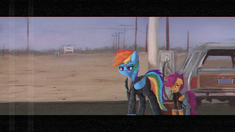 Size: 1920x1080 | Tagged: safe, artist:menalia, derpibooru import, rainbow dash, scootaloo, cyborg, cyborg pony, pegasus, pony, aesthetics, car, clothes, error, female, filly, foal, glitch, image, jacket, jeans, leather jacket, mare, movie reference, pants, png, shirt, t-800, t-shirt, terminator, terminator 2, vhs, walking, wings