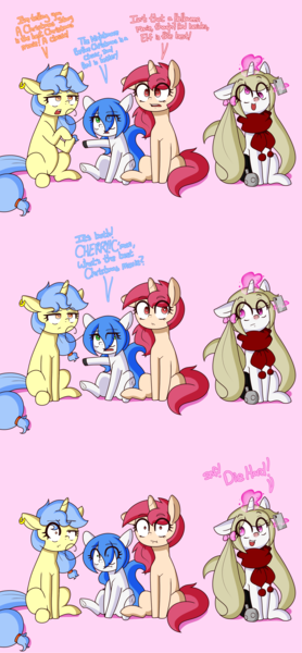 Size: 2500x5400 | Tagged: safe, artist:fullmetalpikmin, derpibooru import, oc, oc:cherry blossom, oc:mal, oc:poppy seed, oc:viewing pleasure, earth pony, unicorn, tumblr:ask viewing pleasure, clothes, dialogue, image, png, scarf, sick