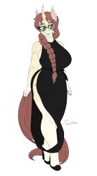 Size: 2200x4000 | Tagged: safe, artist:tertonda, derpibooru import, oc, oc:céline actias, unofficial characters only, anthro, unguligrade anthro, unicorn, anthro oc, big breasts, black dress, breasts, clothes, commission, curved horn, digital art, dress, female, freckles, glasses, horn, image, png, side slit, signature, simple background, smiling, transparent background, unicorn oc