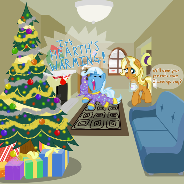 Size: 4000x4000 | Tagged: safe, artist:nitei, derpibooru import, sunflower spectacle, trixie, pony, unicorn, book, bookshelf, candy, candy cane, cardboard box, christmas, christmas lights, christmas ornament, christmas tree, clothes, coffee, coffee mug, couch, cute, decoration, diatrixes, excited, female, filly, filly trixie, fireplace, foal, food, footed sleeper, garland, happy, hat, hearth's warming, hearth's warming tree, holiday, image, jumping, living room, magic, morning ponies, mother and child, mother and daughter, mug, pajamas, png, present, rug, sled, snow, socks, stockings, thigh highs, toy, tree, volumetric mouth, waking up, walking, wand, window, wreath, yelling, younger
