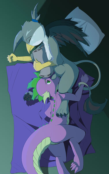Size: 1280x2030 | Tagged: suggestive, artist:peppertech, derpibooru import, gabby, spike, dragon, gryphon, adult, adult spike, cute, female, gabbybetes, image, jpeg, male, nervous, odd position, older, older spike, shipping, sleeping, spabby, straight, tail, tail wrap, thighs, waking up