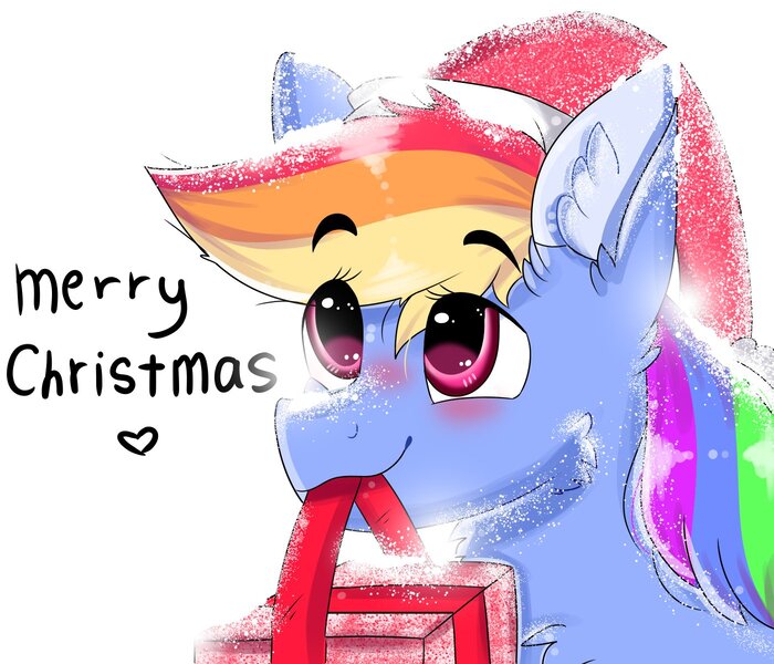 Size: 1400x1200 | Tagged: safe, artist:valkiria, derpibooru import, rainbow dash, pegasus, pony, blushing, christmas, hat, holiday, image, jpeg, mouth hold, present, santa hat, smiling, snow, solo