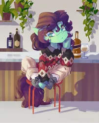 Size: 3312x4096 | Tagged: safe, artist:saxopi, derpibooru import, oc, unofficial characters only, earth pony, semi-anthro, alcohol, boots, bottle, clothes, image, jpeg, looking at you, shoes, solo, sweater